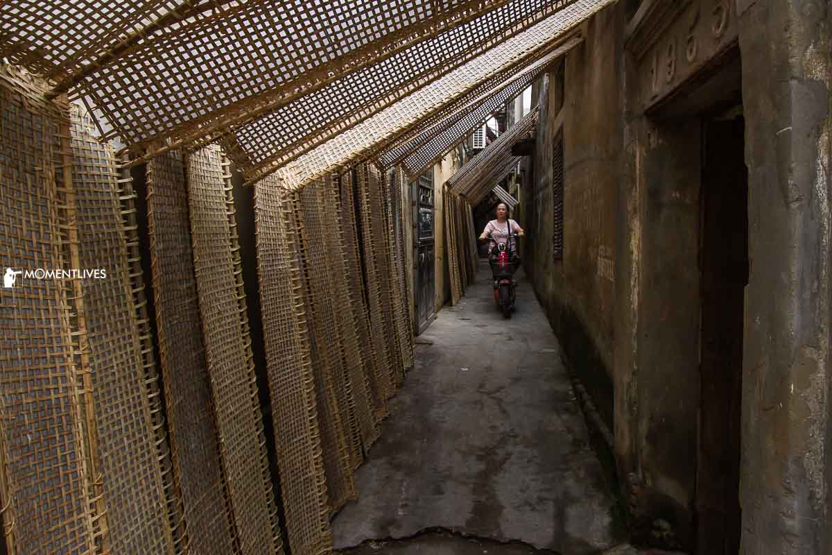 A cyclist in a narrow alley of Tho Ha village