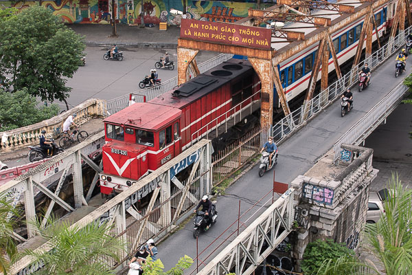 A train crossing Long Bien bridge in Hanoi, Vietnam
