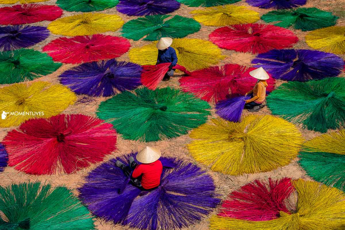 Ladies drying sedge grass to make mats